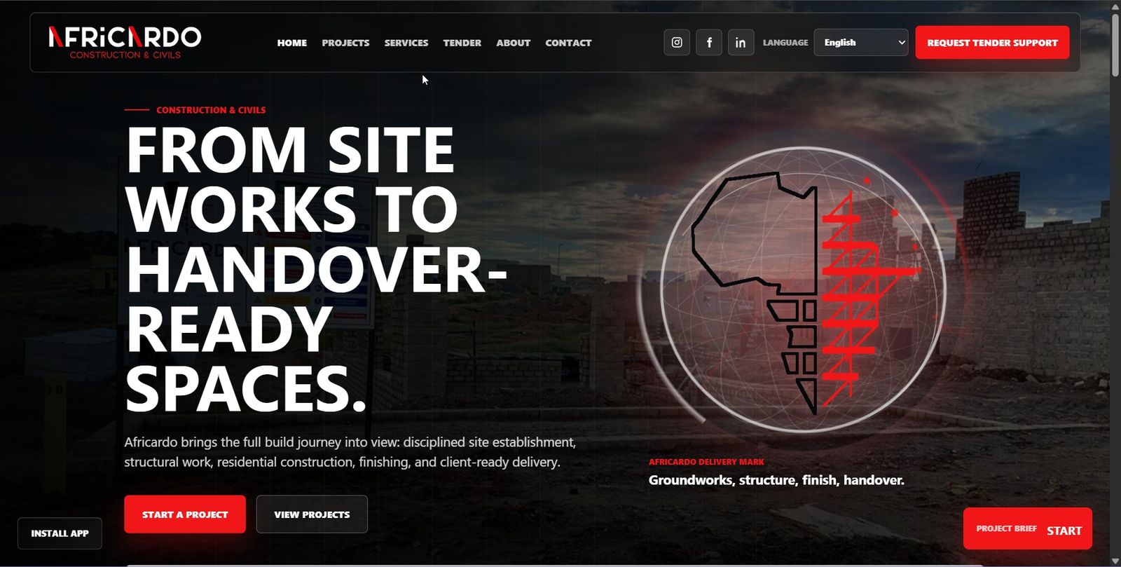 Africardo Construction website hero preview
