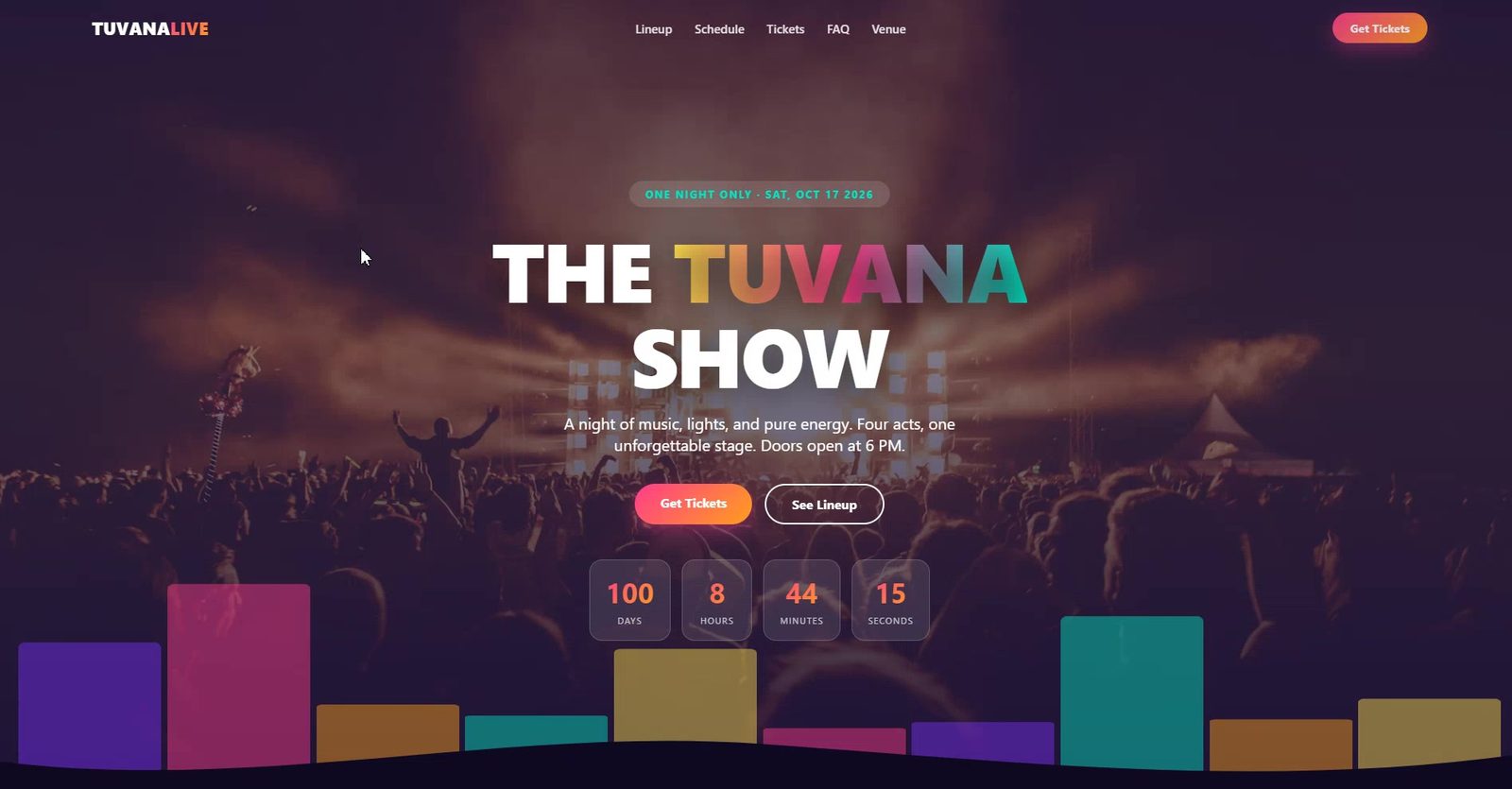 Event and show landing page template preview with countdown and lineup